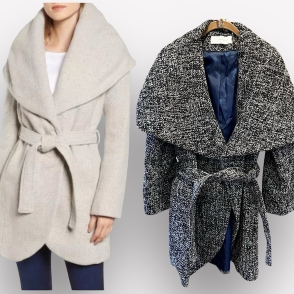 🇪🇸🐠TAHARI Marla belted wrap wool coat tweed black white XS